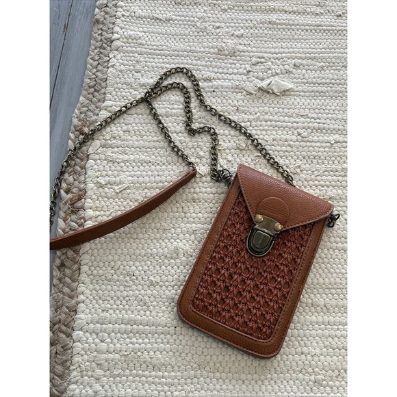 Street Level Handbags - Street Level Cognac Tan Crossbody Cell Phone Bag Brushed Gold Chain Strap Weave